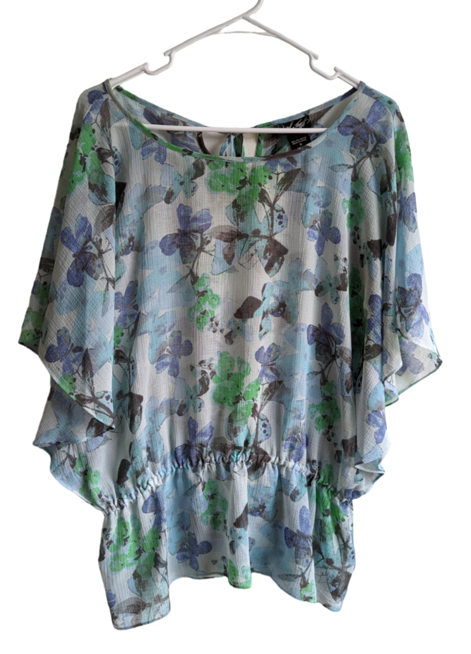 Lord & Taylor Women's Blue Floral Sheer Overlay Blouse Top Size Medium
